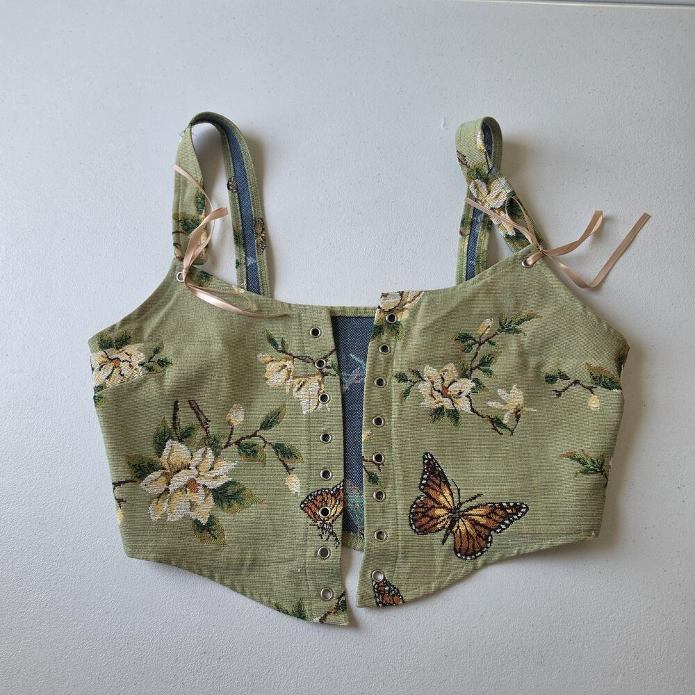 Fairy Grunge Whimsigoth Tank Top Large Green Floral Butterfly Tapestry Lace Up